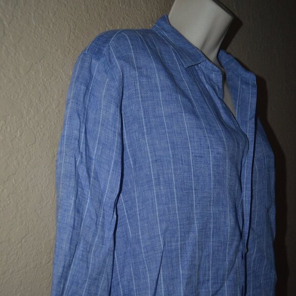 $258 Sz S Frank & Eileen Blue White Striped Linen Relaxed Fit Button Up Blouse - Picture 3 of 6